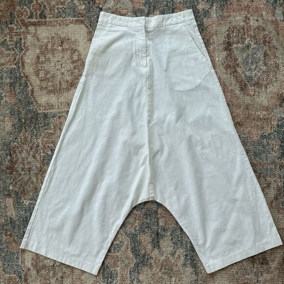 AAKASHA BOHO LINEN DROP CROTCH PANTS In White Small Art To Wear Lagenlook $155 - Picture 1 of 11